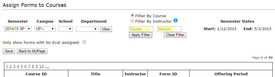 Image of Assign Forms tool with highlighted emphasis on the course filter option.